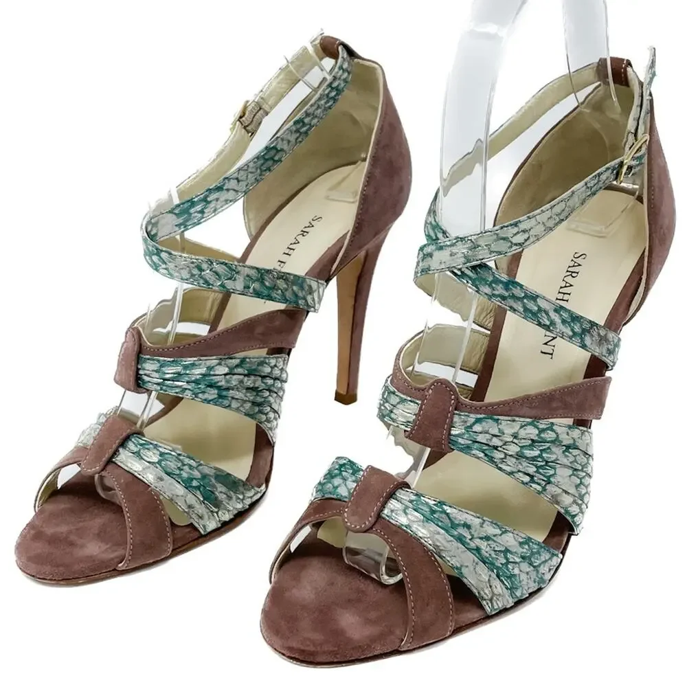 Sarah Flint Vilma Suede & Snakeskin Sandals aqua mauve gold size 37 US7